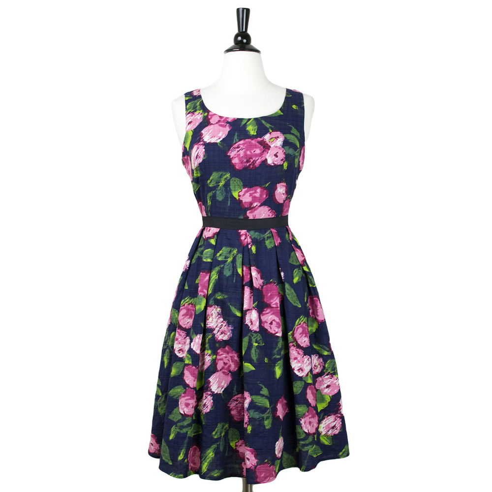 Frock Shop | Navy Blue + Pink Watercolor Floral Sleeveless Cotton Tea Dress, NWT